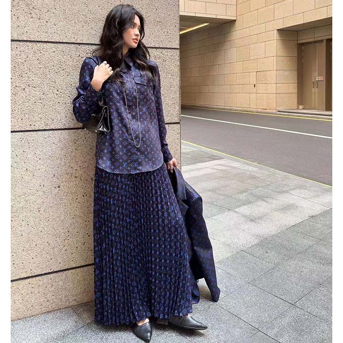 Louis Vuitton LV Women LV Monogram Silk Pleated Shirt Silk Navy