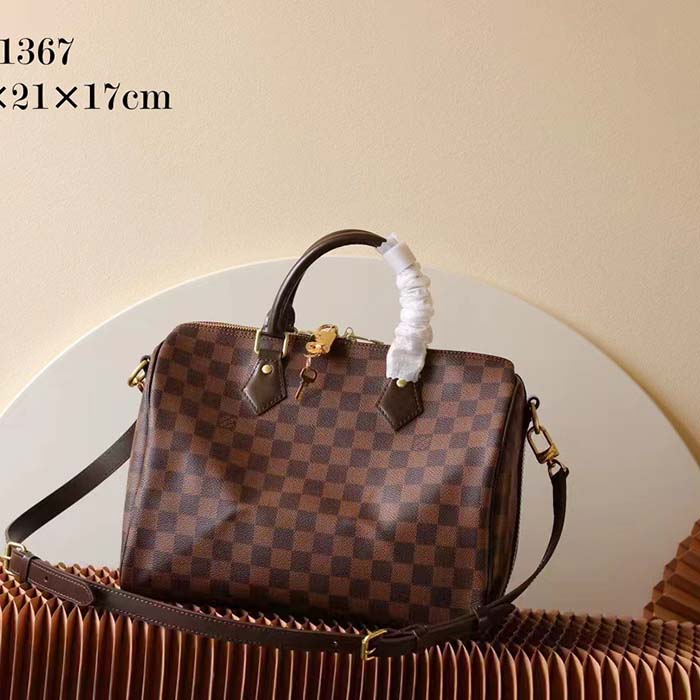Louis Vuitton LV Unisex Speedy 30 Damier Ebene Coated Canvas Natural Cowhide Leather