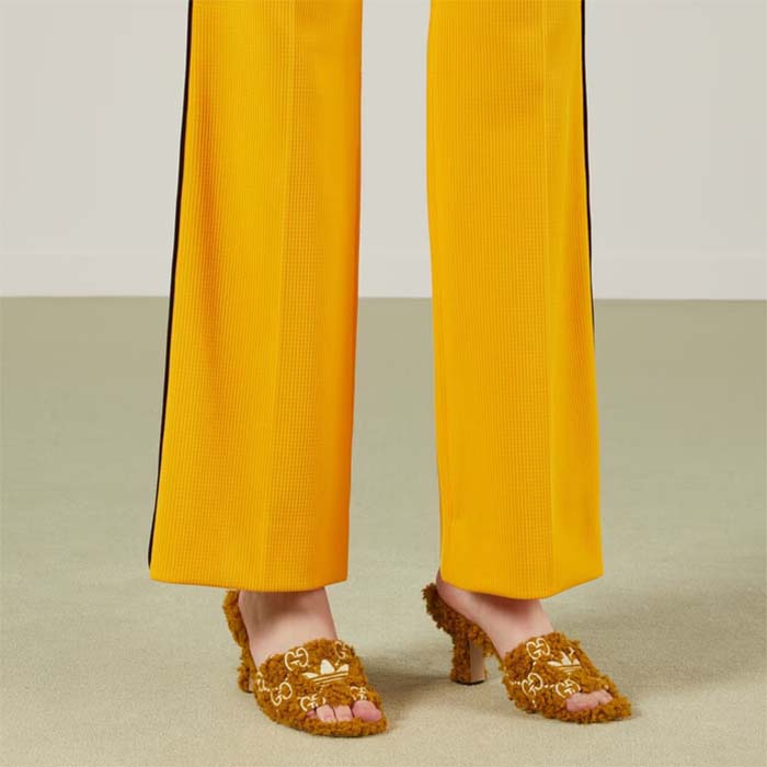 Gucci Women Adidas x Gucci Slide Sandal Brown GG Trefoil Shearling-Effect Fabric