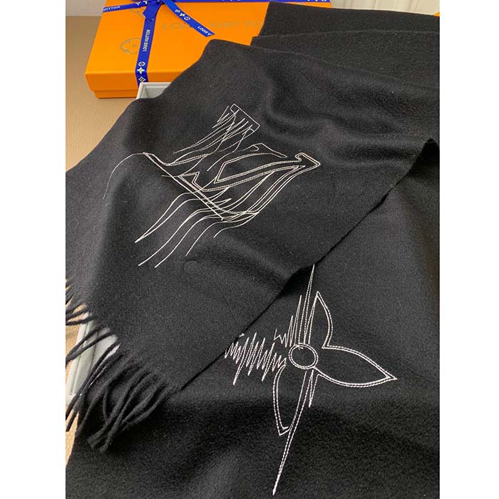 Louis Vuitton LV Unisex Stitch Scarf Black Monogram Flowers Wool Cashmere Jacquard