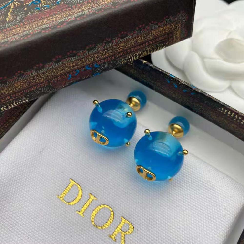 Dior Women Tribales Earrings Gold-Finish Metal and Light Blue Transparent Resin Pearls