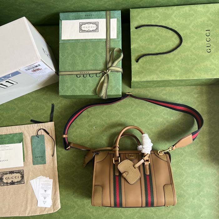 Gucci Unsiex GG Bauletto Small Top Handle Bag Light Brown Smooth Leather