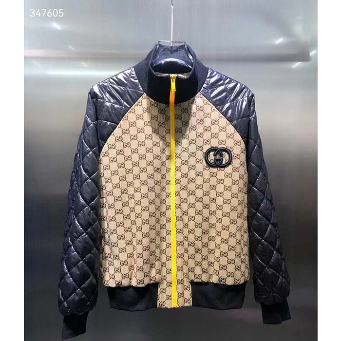 Gucci Women GG Canvas Nylon Zip Jacket Beige Ebony Black Quilted High Neck