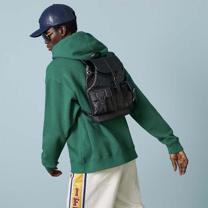 Gucci Unisex Jumbo GG Small Backpack Black Leather Cotton Linen Lining