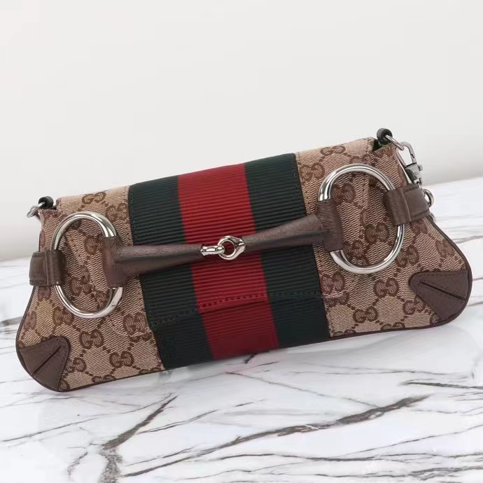 Gucci Women Horsebit Chain Small Shoulder Bag Beige Ebony Original GG Canvas