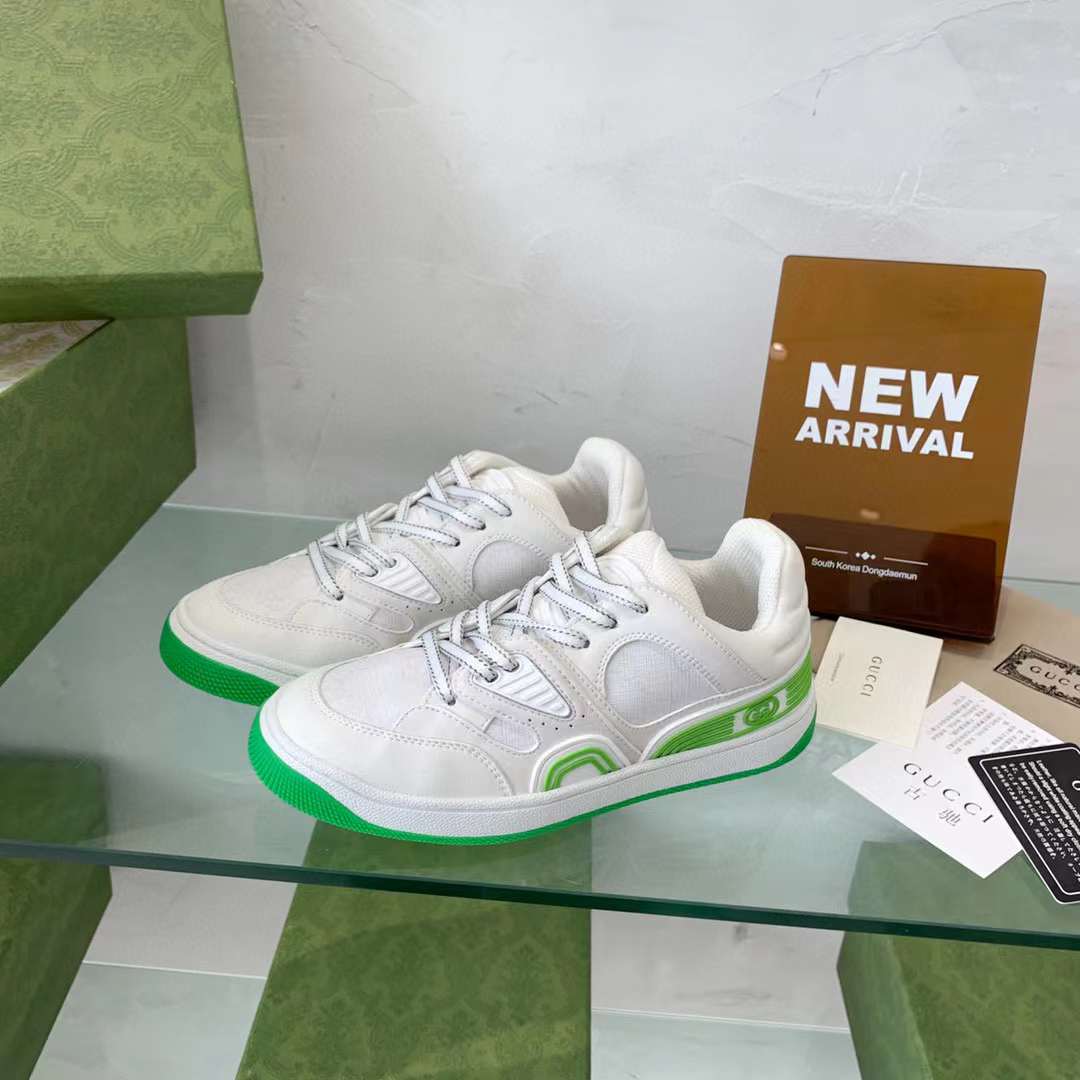 Gucci Unisex Basket Sneaker White Demetra Beige GG Supreme Canvas Low 3.3 Cm Heel