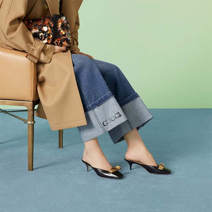 Gucci Women GG Interlocking G Mule Black Leather Square Toe Leather Mid-Heel