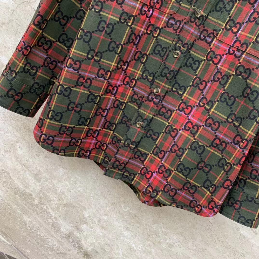 Gucci Women GG Tartan Wool Shirt Green Red GG Point Collar Long Sleeves Button Cuffs