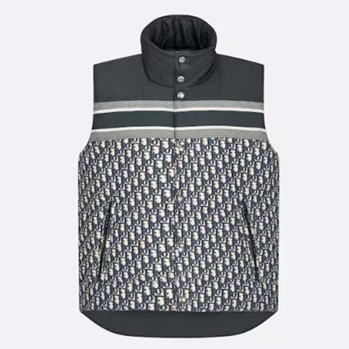 Dior Men CD Reversible Sleeveless Down Jacket Blue Ecru Oblique Quilted Technical Taffeta