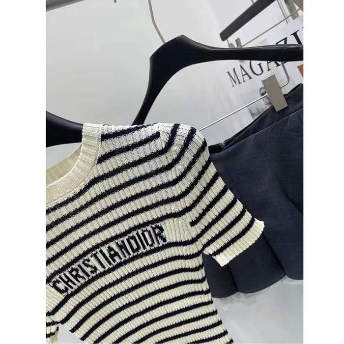 Dior CD Women Dioriviera Short-Sleeved Sweater White Navy Blue Cotton Ribbed Knit