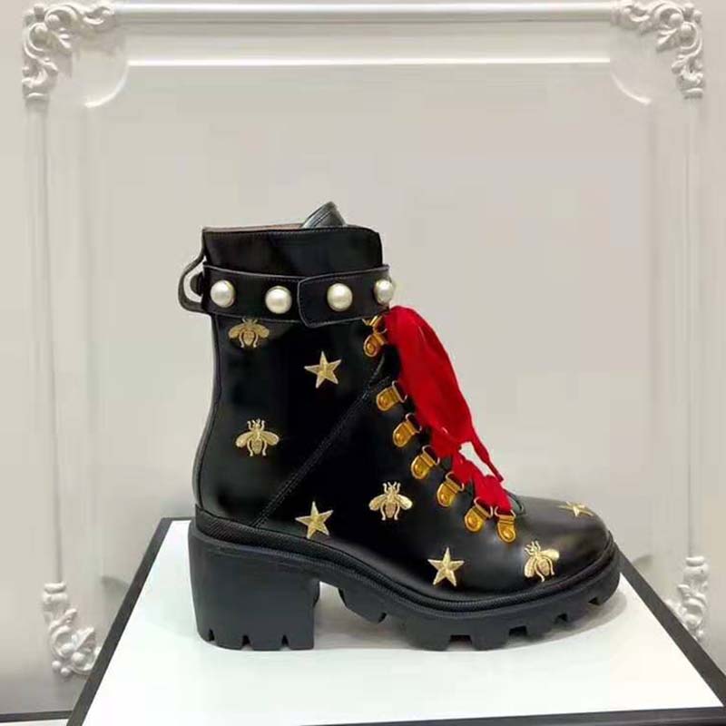 Gucci Women Gucci Leather Embroidered Ankle Boot in Black Leather 8.9 cm-Red