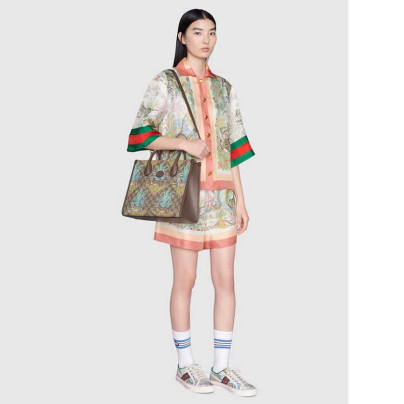 Gucci Unisex Tiger GG Small Tote Bag Blue Beige Ebony GG Supreme Canvas