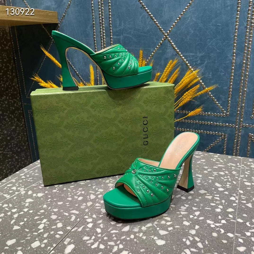 Gucci Women Heeled Slide Sandals Green Leather Studs Spool High 15 Cm Heel