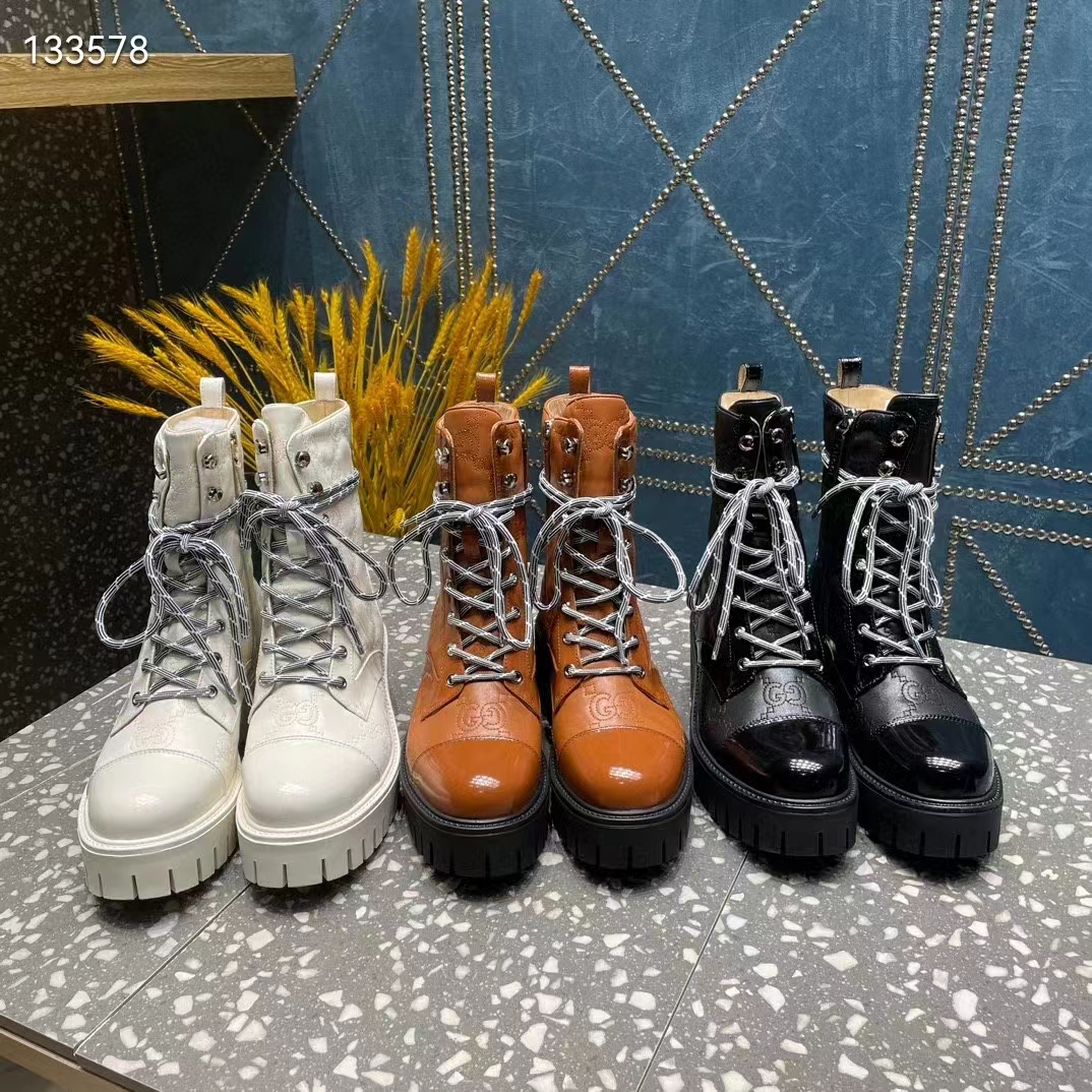 Gucci Women’s Matelassé Lace-Up Boot Off White GG Matelassé Leather Low-Heel