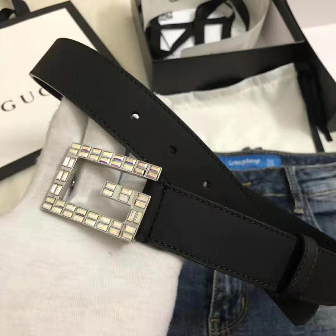 Gucci Unisex Leather Belt with Square G Buckle in 3.8cm Width-Black
