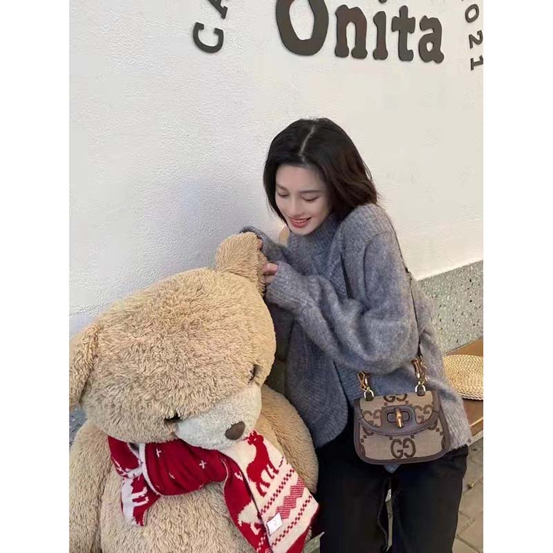 Gucci Women Bamboo 1947 Jumbo GG Mini Bag Brown Camel Ebony Canvas