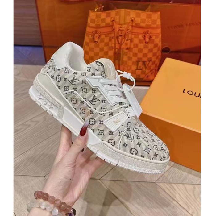 Louis Vuitton Unisex LV Trainer Sneaker Beige Monogram Textile Rubber Outsole Initials