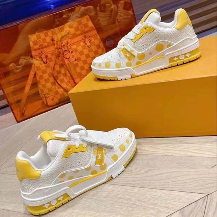 Louis Vuitton Unisex LV Trainer Sneaker Yellow Calf Leather Rubber Outsole Monogram Flowers