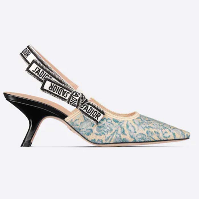Dior Women CD J’Adior Slingback Pump Duck Blue Brocart Embroidered Cotton Metallic Thread