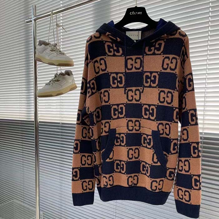 Gucci Women GG Cotton Jacquard Hooded Sweater Beige Dark Blue Dropped Shoulder Kangaroo Pocket