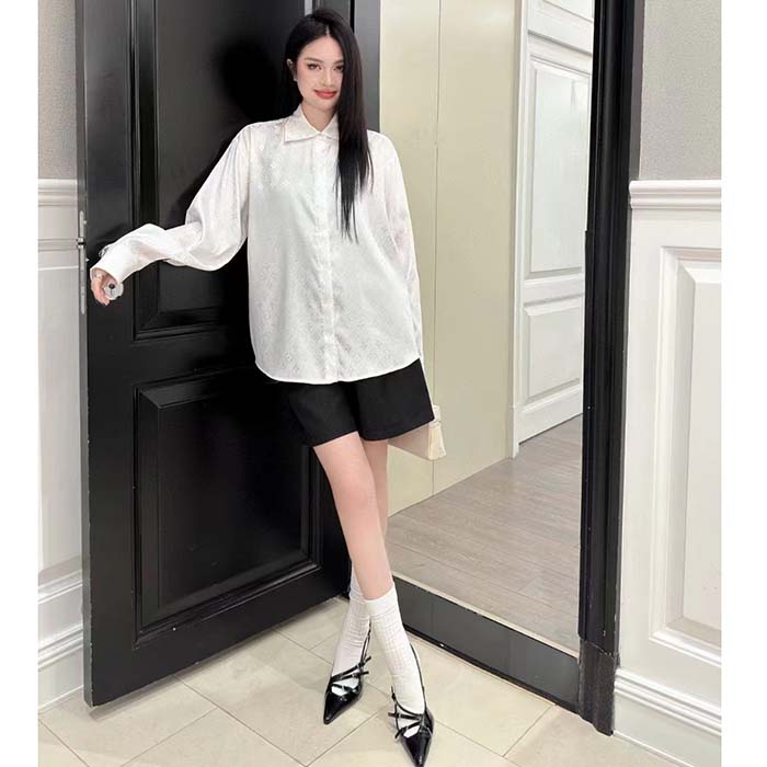 Louis Vuitton Women LV Monogram Long-Sleeved Silk Shirt White 1AFJUE