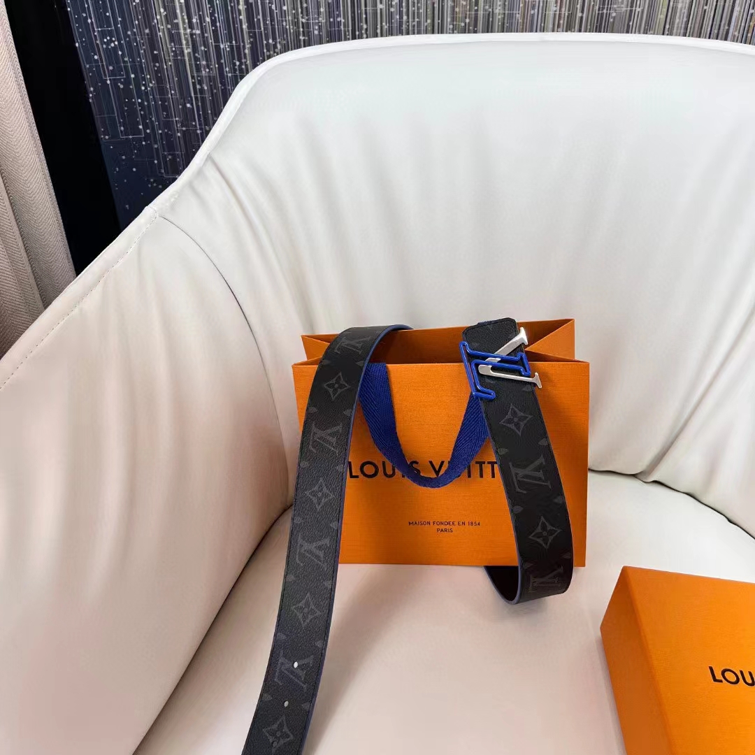 Louis Vuitton Unisex LV Line 40mm Reversible Belt Blue Monogram Eclipse Noir Coated Canvas