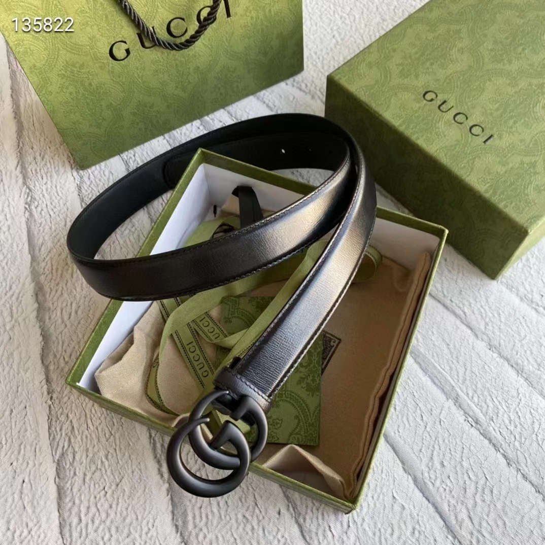 Gucci Unisex GG Marmont Thin Belt Black Leather Double G Buckle 2.5 cm Width
