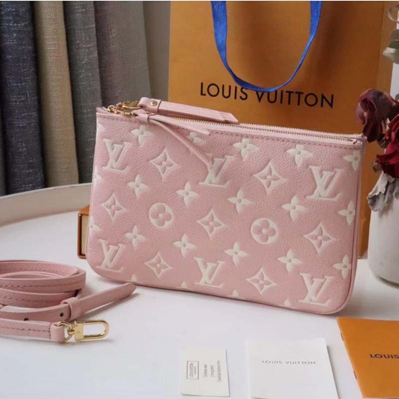 Louis Vuitton Double Zip Pochette Pink Monogram Empreinte Embossed Supple Grained Cowhide