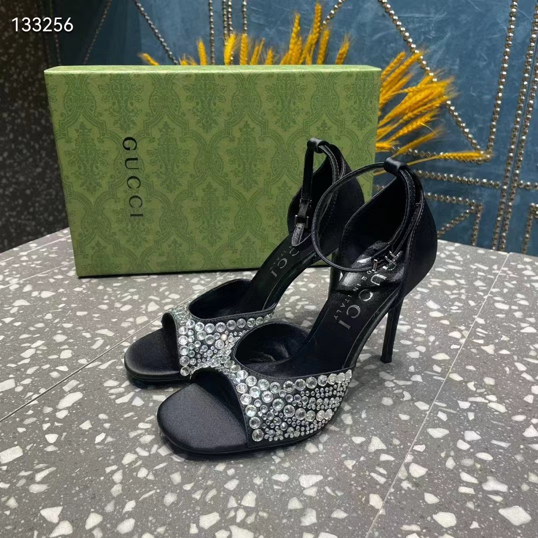 Gucci Women GG Mid-Heel Sandals Crystals Black Satin 11 CM Heel Double G
