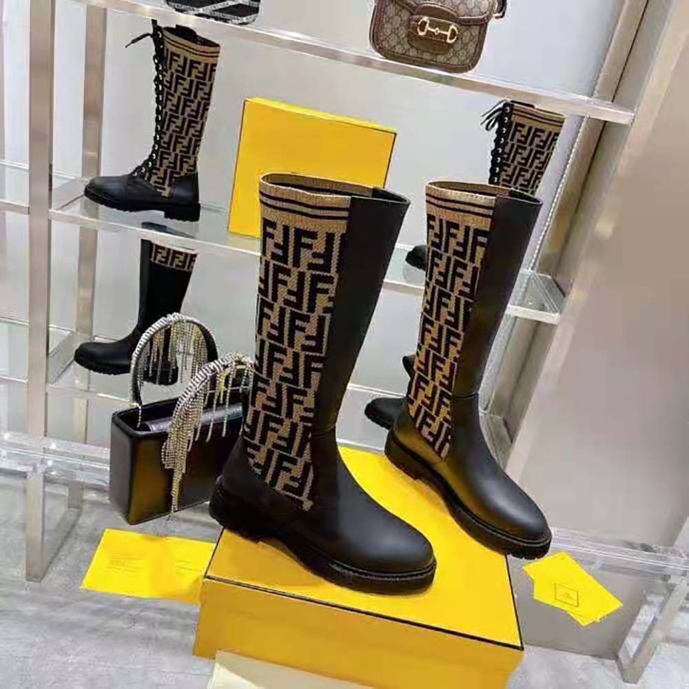 Fendi Women Rockoko Black Leather Ankle Boots with Stretch Fabric