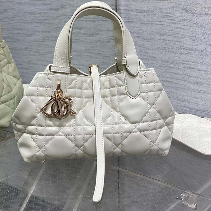 Dior Women CD Small Dior Toujours Bag Latte Macrocannage Calfskin Lock Strap Closures