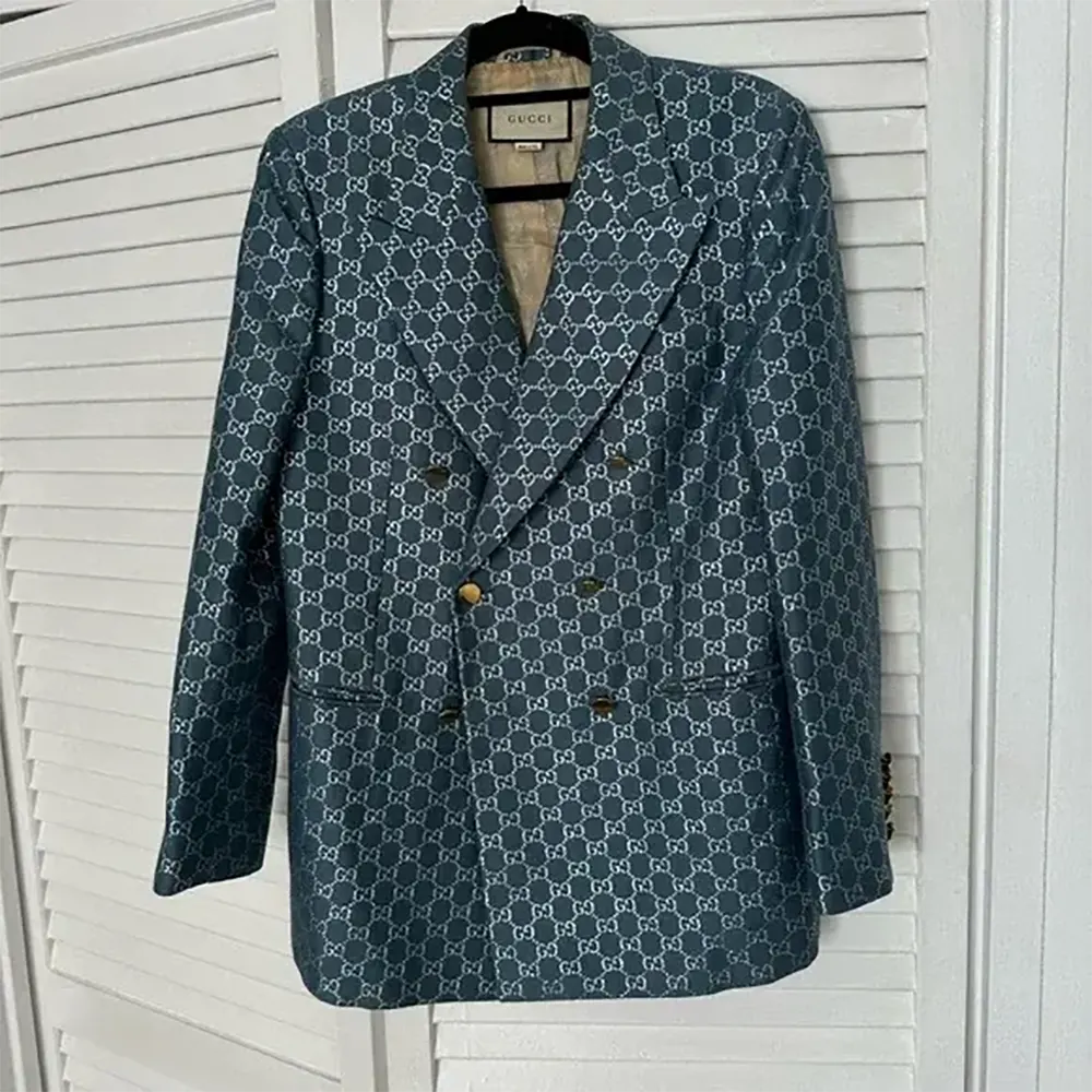 Gucci Men Double Breasted Wool Jacket with GG Shadow-Navy