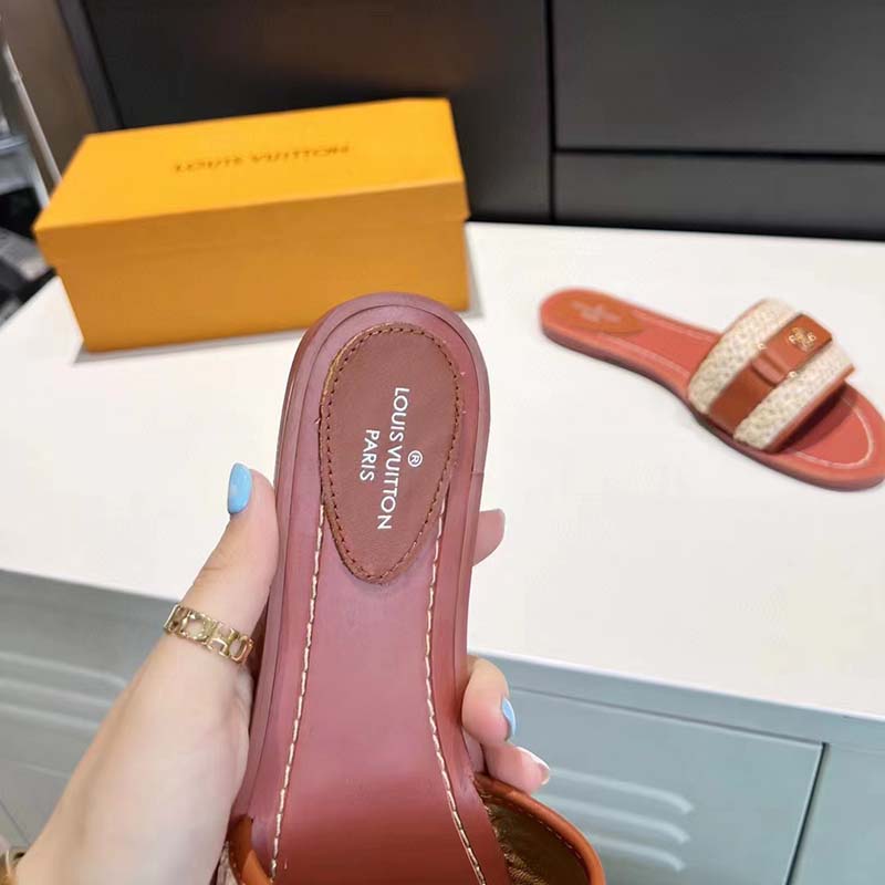 Louis Vuitton LV Women Lock It Flat Mule Cognac Brown Raffia Calf Leather