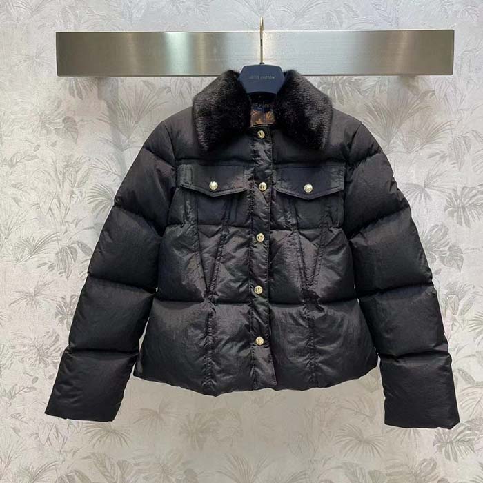 Louis Vuitton Women LV SKI Crinkled Nylon Peplum Puffer Jacket Polyamide Black