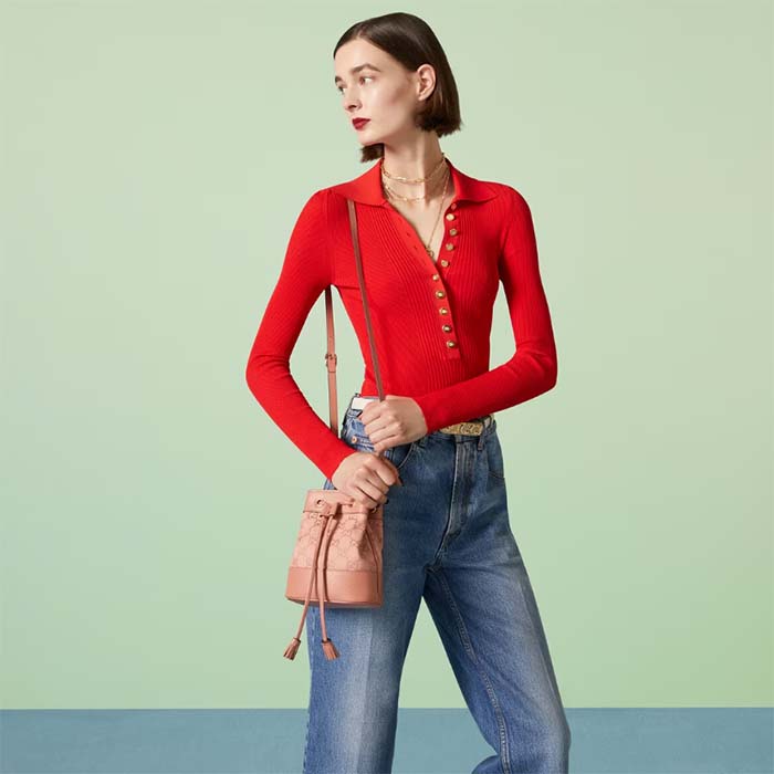 Gucci Women Ophidia Mini GG Bucket Bag Pink Canvas Leather Drawstring Closure