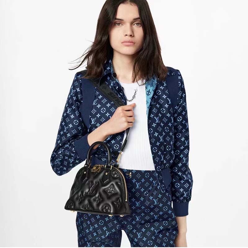 Louis Vuitton LV Women Alma BB Handbag Black Quilted Embroidered Smooth Calf