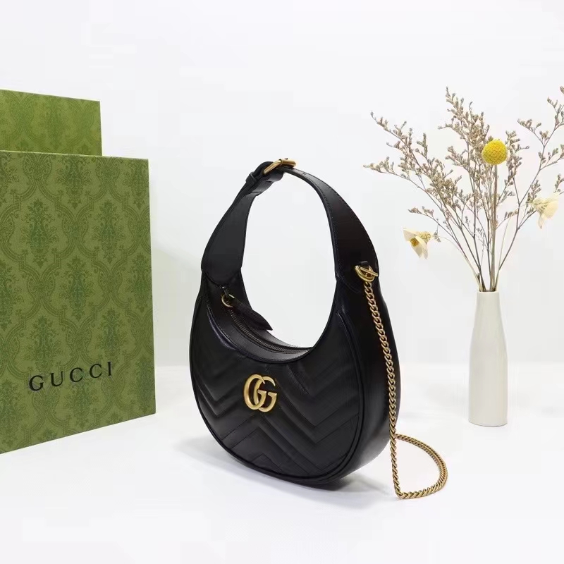 Gucci Women GG Marmont Half-Moon-Shaped Mini Bag Black Matelassé Chevron