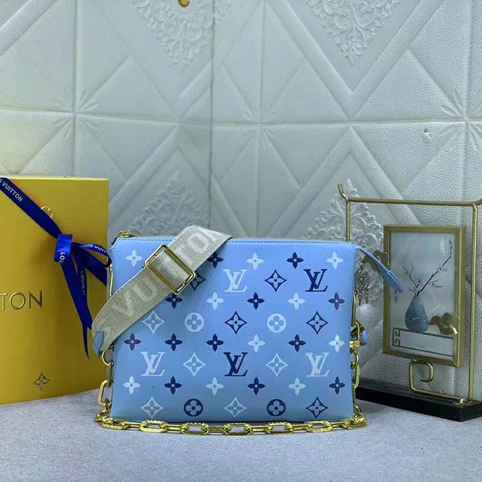 Louis Vuitton LV Women Coussin PM Handbag Blue Lambskin Silk Scarf Cowhide Leather