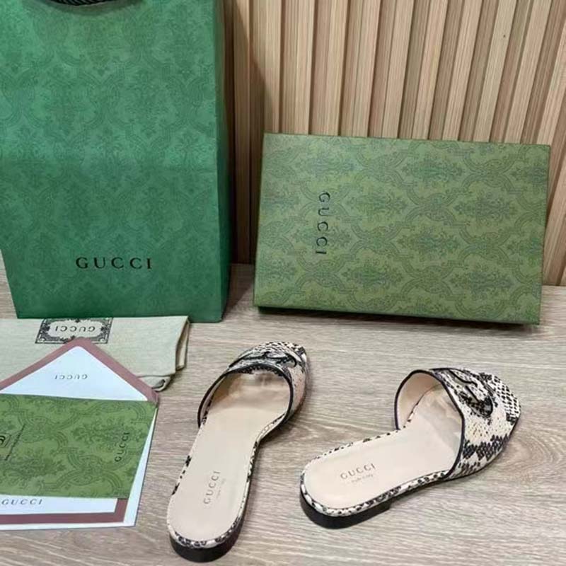 Gucci Women Interlocking G Cut Out Slide Sandal Beige Black Python Print Leather Flat