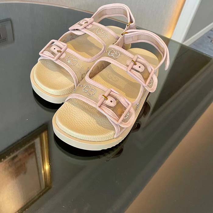 Gucci Women GG Sandal Crystals Rose Beige Mesh Tonal Suede Rubber Sole Flat