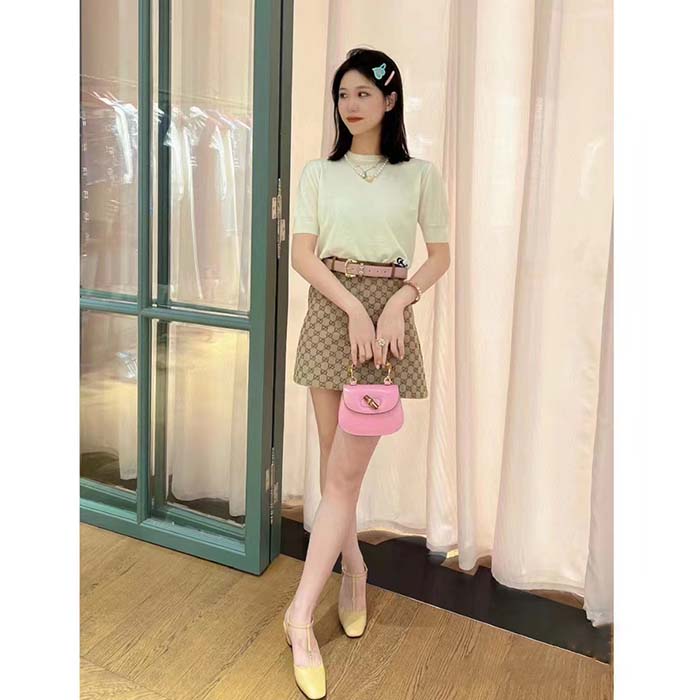 Gucci Women GG Canvas Skirt Camel Ebony Brown Leather Unlined Fitted Waistband Belt Loops