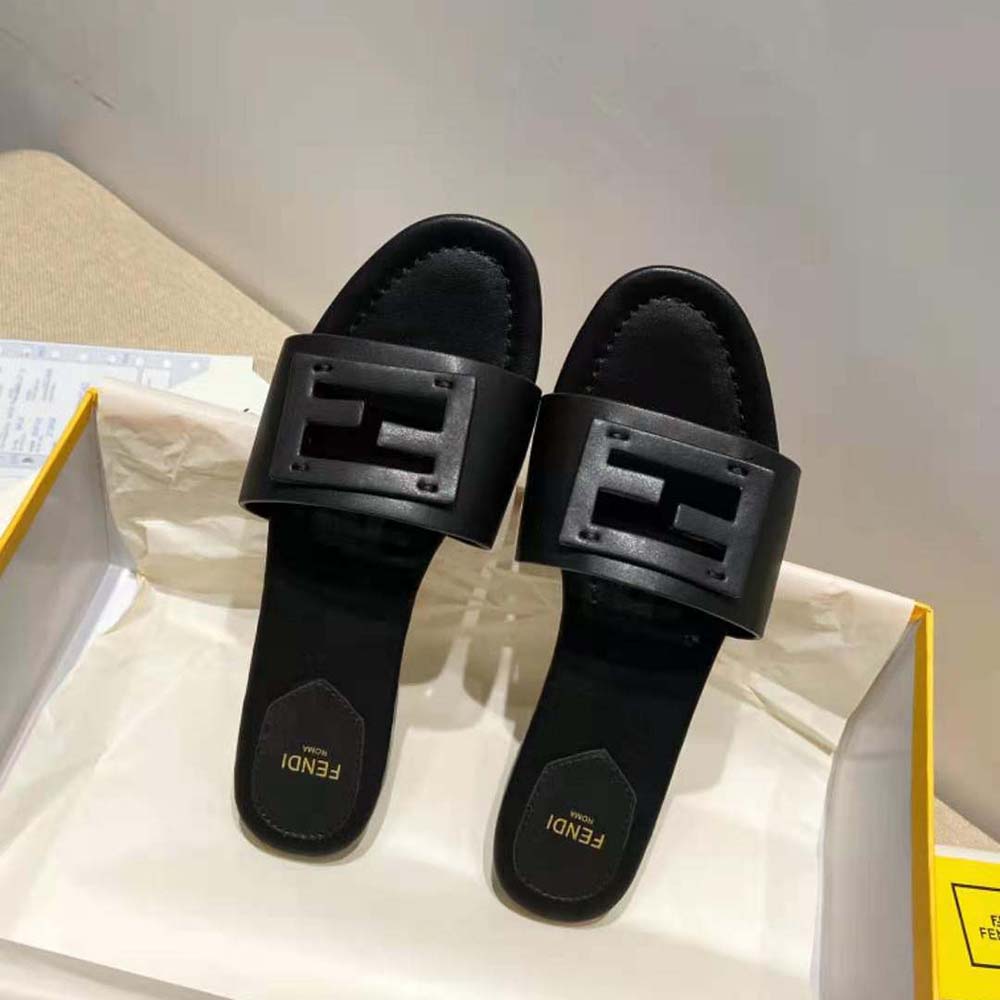 Fendi Women Signature Black Leather Slides in 0.4 inches Heel Height