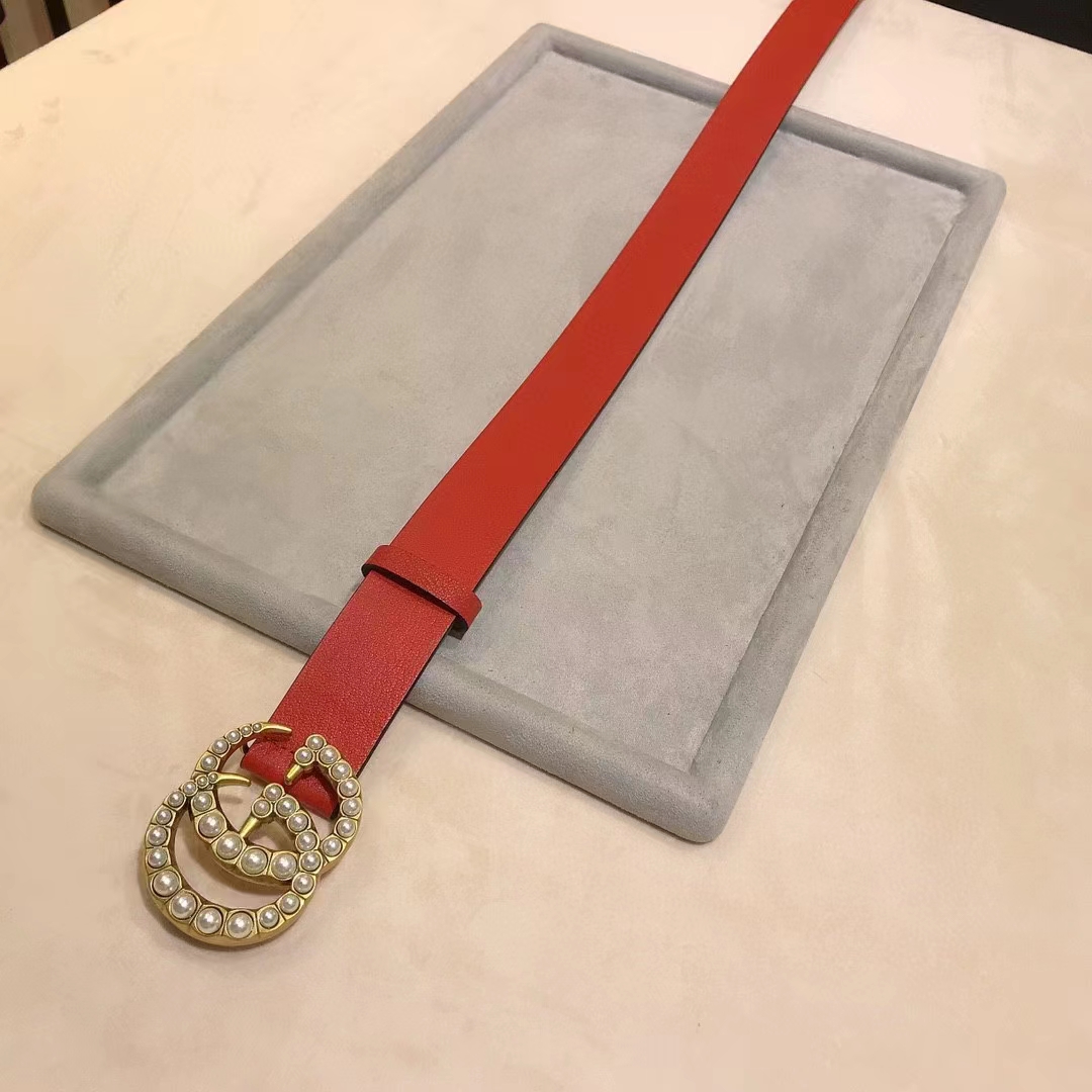 Gucci Unisex Leather Belt Pearl Double G Red 3.8 CM Width