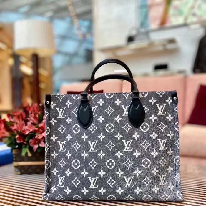 Louis Vuitton LV Women OnTheGo MM Tote Gray Denim Textile Jacquard