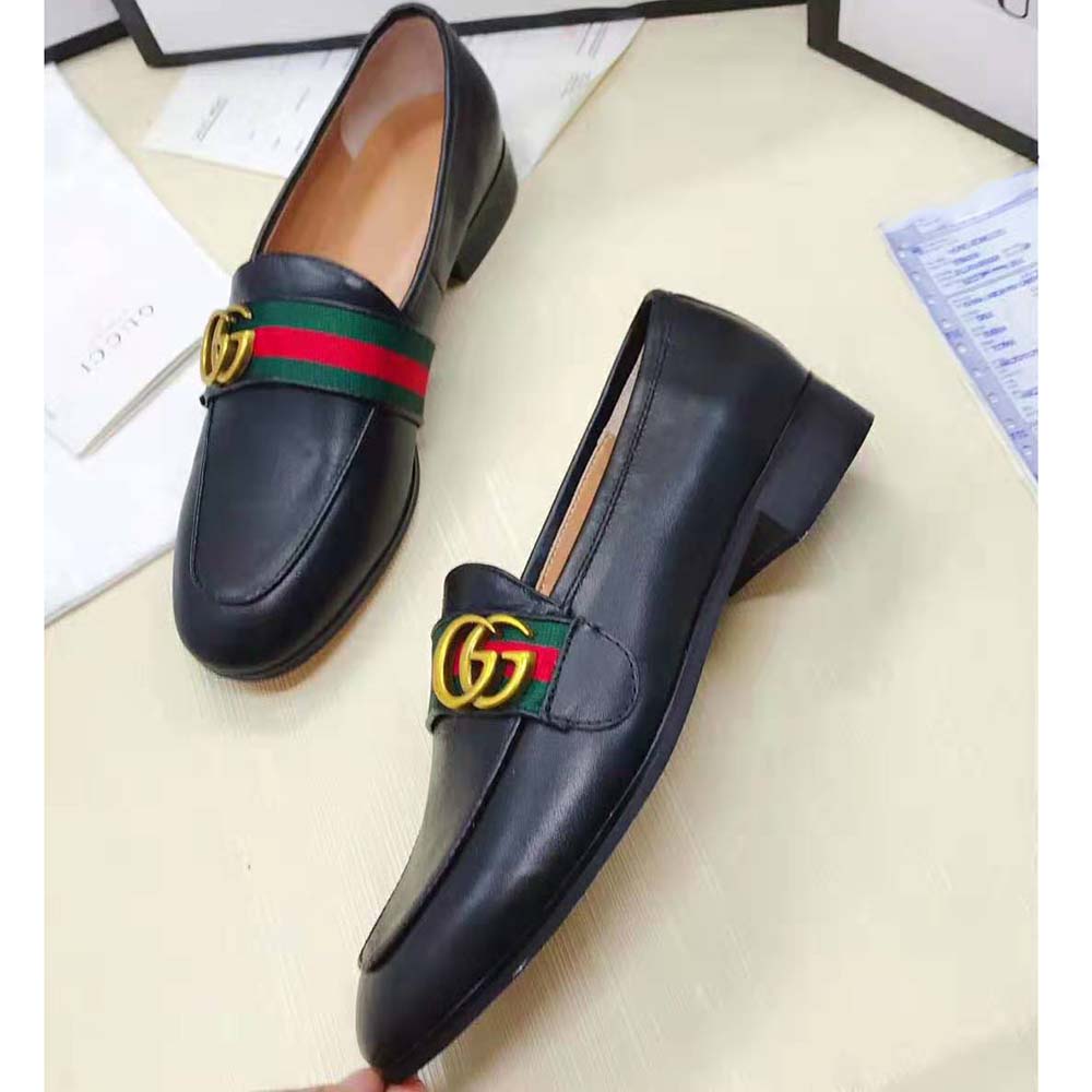 Gucci Men Leather Loafer with GG Web Shoes-Black