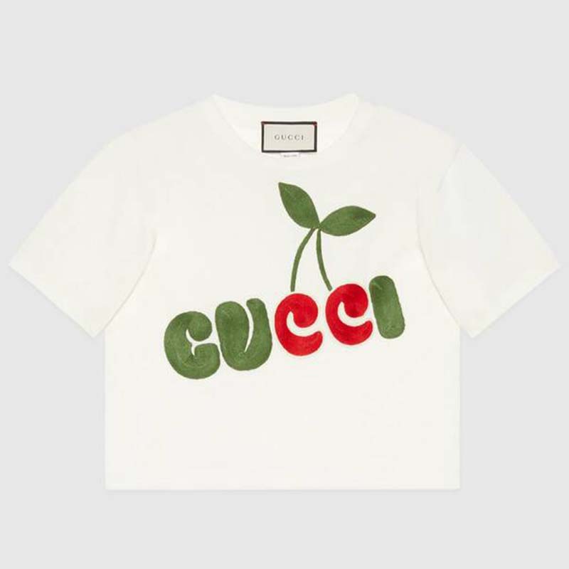 Gucci Women Gucci Cherry Print Cotton T-Shirt Jersey Crewneck Cropped Fit-White