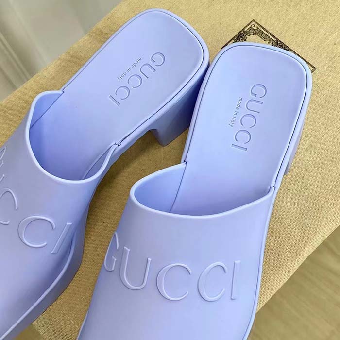 Gucci Women GG Slip-On Sandal Pastel Blue Rubber Embossed Logo Square Toe Chevron