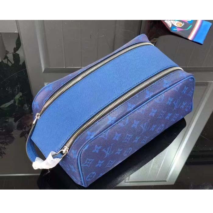 Louis Vuitton LV Unisex Dopp Kit Toilet Pouch Blue Taiga Cowhide Leather Monogram Coated Canvas