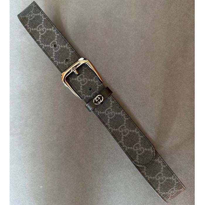 Gucci Unisex GG Belt Interlocking G Detail Grey Black GG Supreme Square Buckle