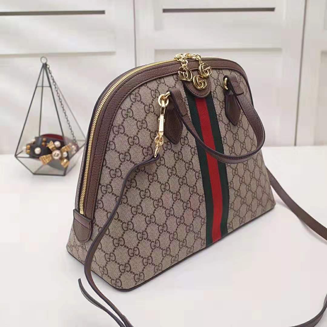 Gucci GG Women Ophidia GG Medium Top Handle in Beige/Ebony GG Supreme Canvas